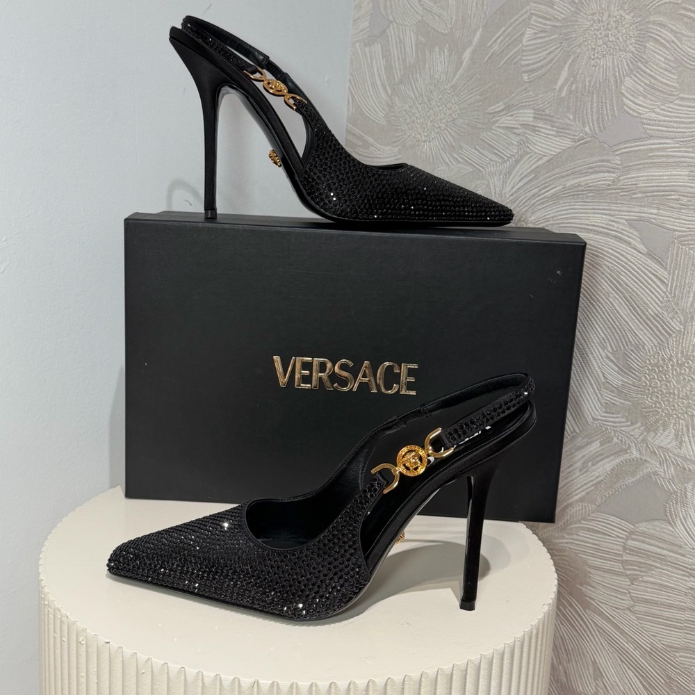 Versace Black Crystal Slingback Pumps with Medusa Detail